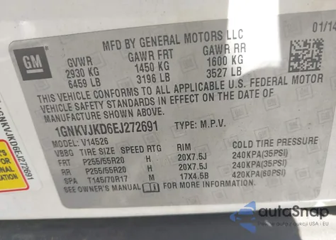 2014 Chevrolet Traverse Ltz from USA, damaged, VIN 1GNKVJKD6EJ272691